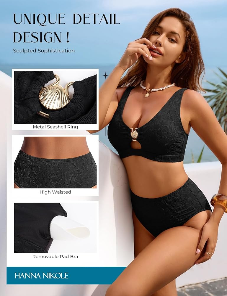 Hanna Nikole Women High Waisted Bikini Sets, 2 Piece Swimsuits Tummy Control, Textured Bathing Su... | Amazon (US)