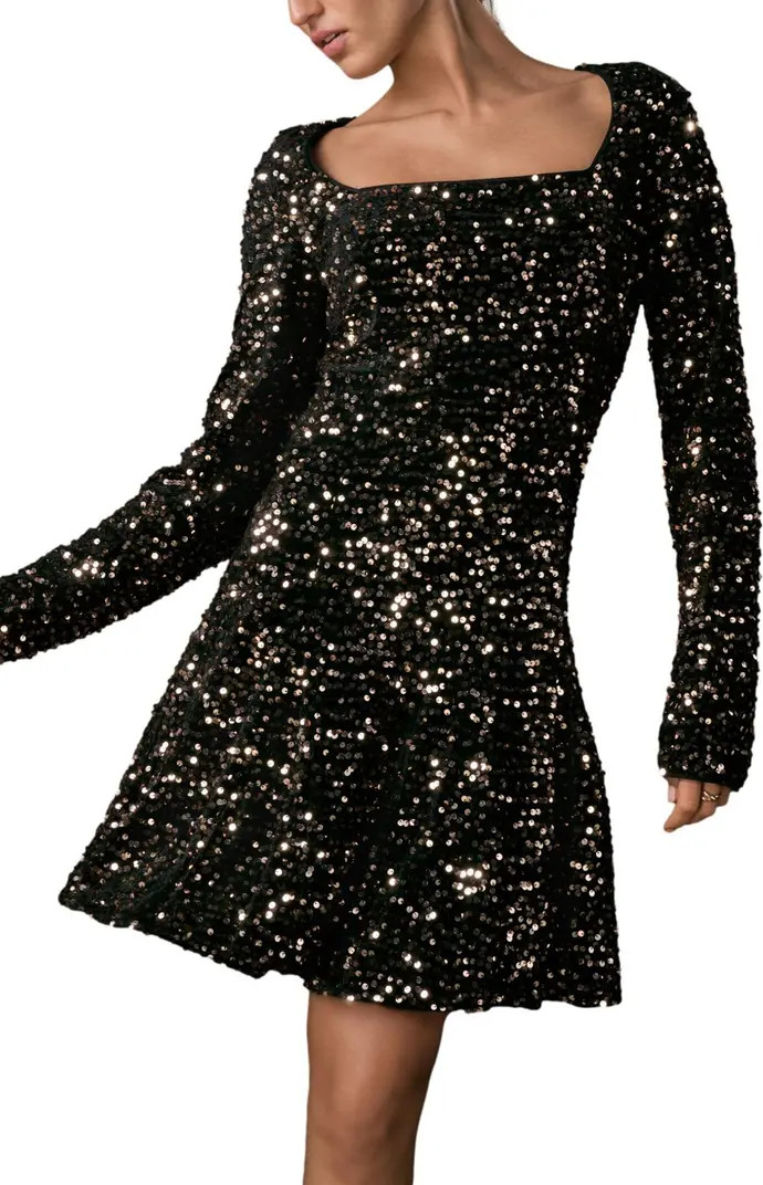 Sequin Square Neck Long Sleeve Minidress | Nordstrom