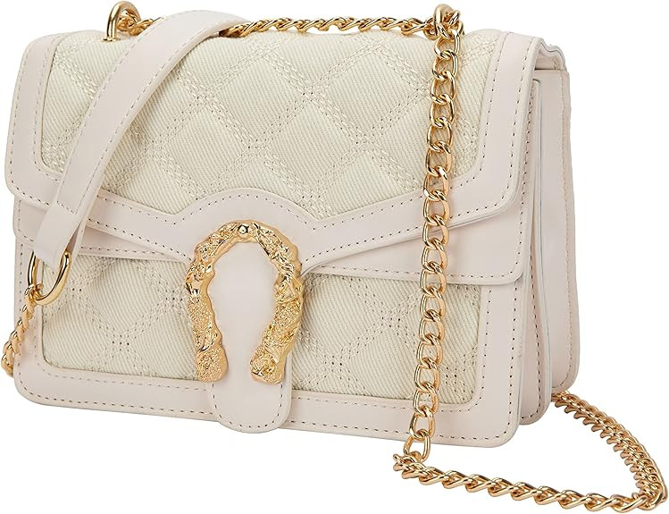 Quilted Crossbody Shoulder Bag for Women - Small Square Denim Handbag with Chain Leather Strap Fa... | Amazon (US)