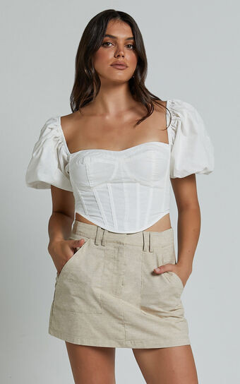 Estella Top - Puff Sleeve Corset Bustier Top in White | Showpo (US, UK & Europe)