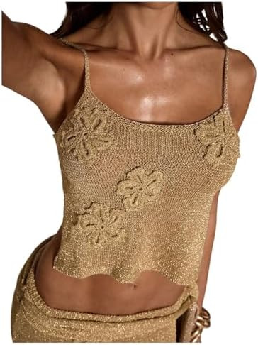 SHENHE Women's Crochet Crop Top Camisole 3D Flower Shiny Open Back Sexy Beach Tank Resort Wear | Amazon (US)