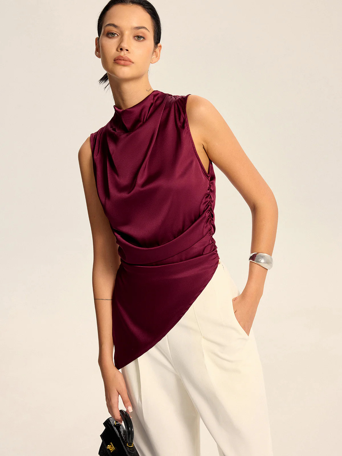 Satin Cowl Neck Asymmetric Hem Top with Back Zipper | Commense