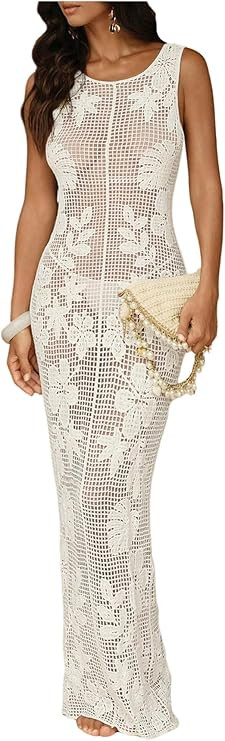 WDIRARA Women's Floral Crochet Sheer Cover Up Maxi Beach Dress Hollow Out Sleeveless Coverups | Amazon (US)