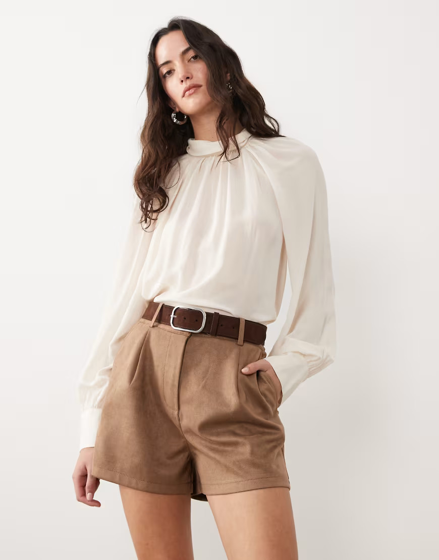 Mango high neck long sleeve blouse with frill back detail in cream-Neutral | ASOS (Global)