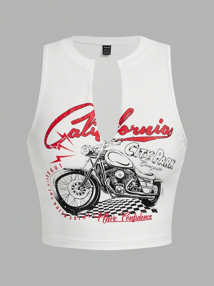 SHEIN Coolane Motorcycle Style Tank Top For Summer With Letter Print And Notched Collar | SHEIN