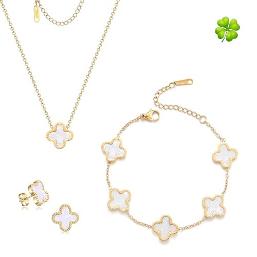 TICVRSS Van Cleef Lucky Clover Sets,18K Gold Plated Four Leaf Bracelet,Clover Necklace Pendant,Clover Earrings for Women White Flower Bracelets Set Jewelry Gifts for Women | Amazon (US)