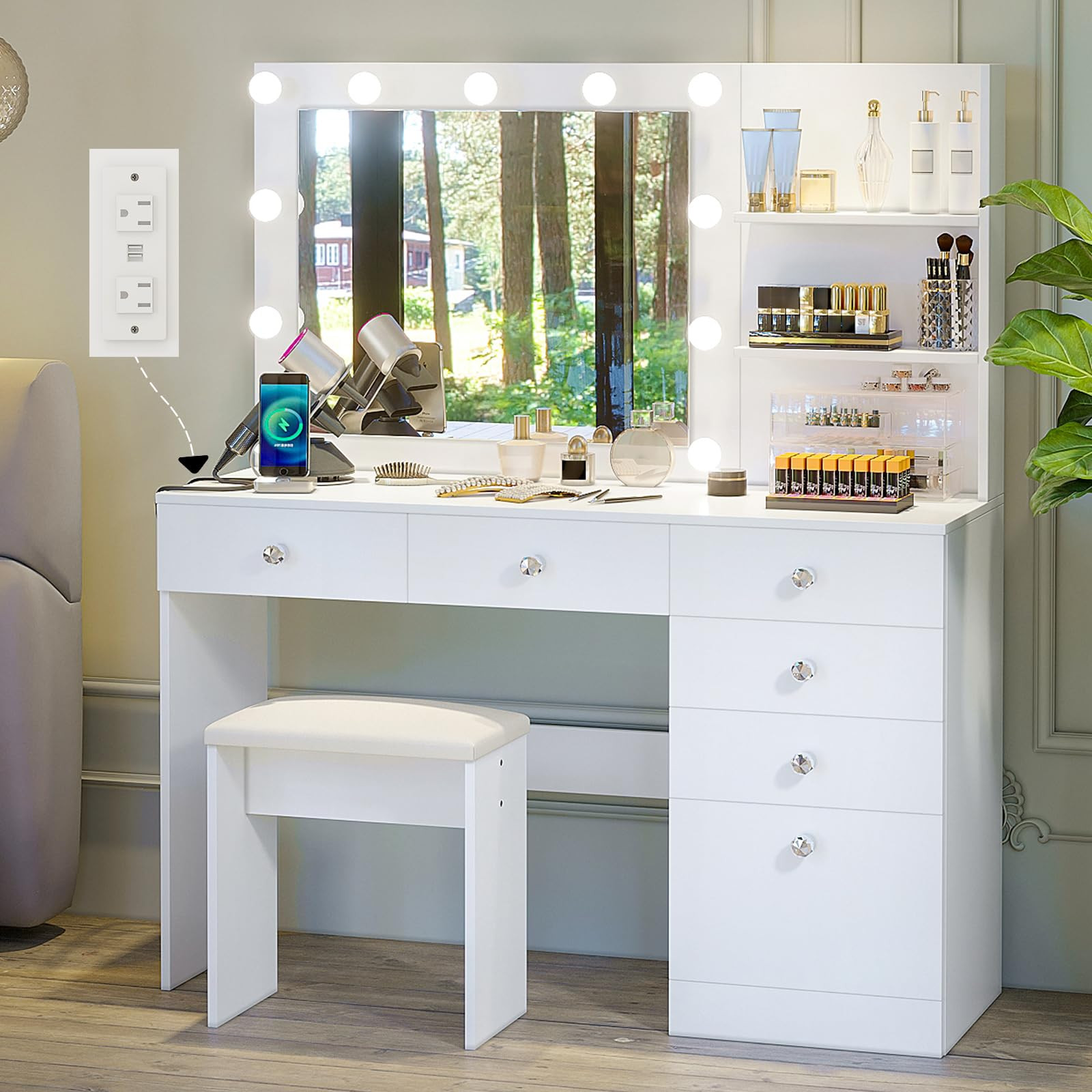 VOWNER 47" Vanity with Outlet - Makeup Vanity Desk with Mirror, Storage Shelves and 6 Drawers, 3-... | Amazon (US)