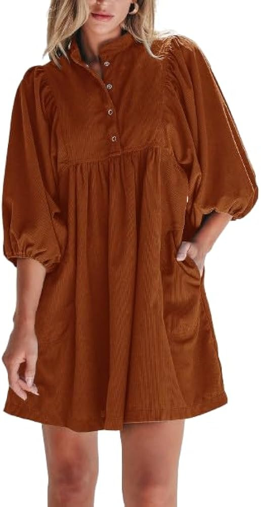 Womens Casual Dresses Corduroy Button Up Empire Waist 3/4 Sleeve Fall Winter Mini Babydoll Dress | Amazon (US)