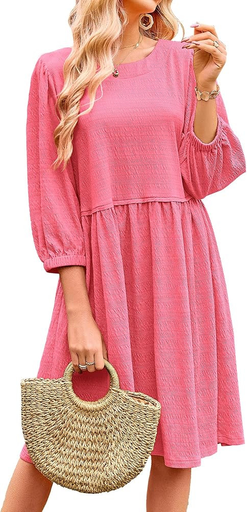 BTFBM Women Casual Summer Dresses 2024 Crew Neck 3/4 Puff Sleeve Tunic Dress Textured Loose Flowy... | Amazon (US)