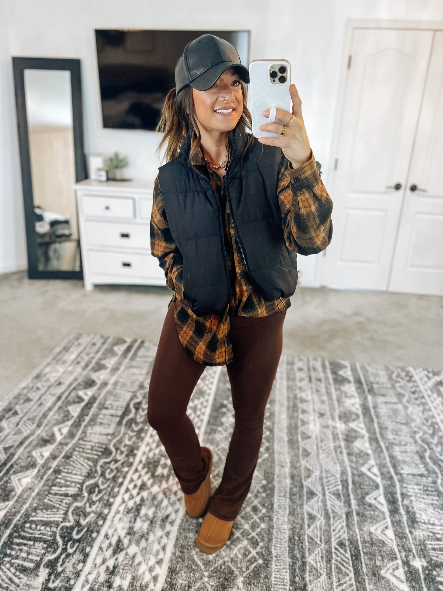 Vici plaid and aerie leggings on sale with promo codes! Flannel runs perfectly oversized and leggings tts. Other color options available. 🚨 Uggs fully stocked!!! Size up half if you plan to wear socks, size down half if you plan to go without. Mostly true to size depending on your preference. Linking sale puffer vest in case my Walmart one is oos. 

#LTKfindsunder50 #LTKSale #LTKstyletip