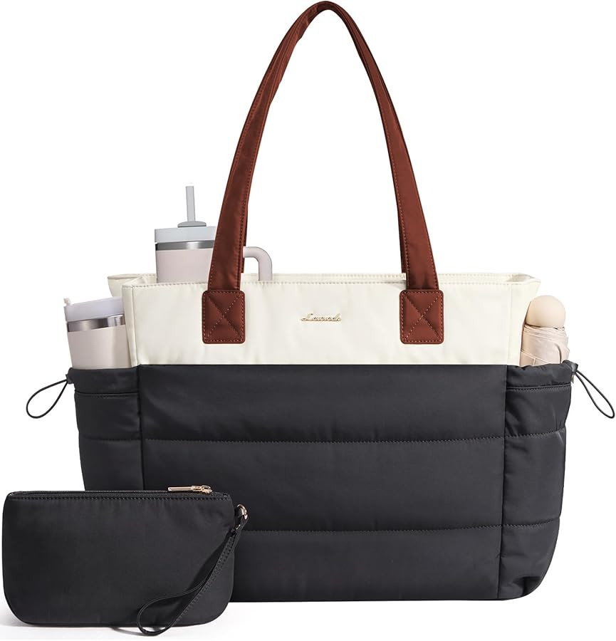 LOVEVOOK Tote Bag for Women with Giant Tumbler Holder Pocket, Puffer Work Travel Laptop Handbag w... | Amazon (US)