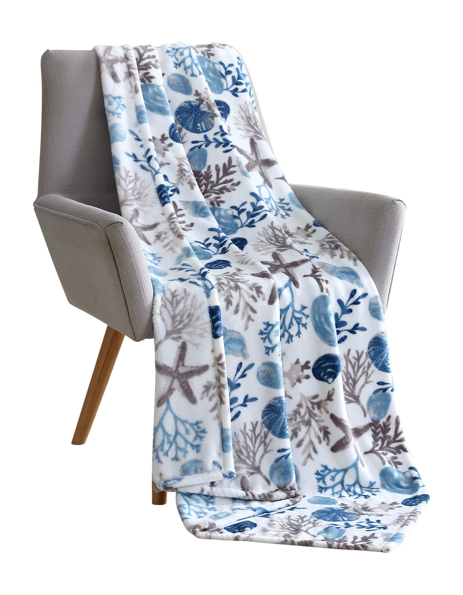 Coastal Ocean Beach Throw Blanket: Soft Plush Velvet Fleece Seashells Hues of Blue Grey on White ... | Amazon (US)