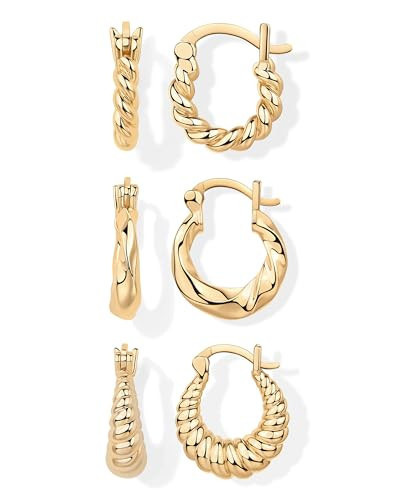 PAVOI 14K Yellow Gold Plated 925 Sterling Silver Posts 3 Pairs Rope Twisted Hoop Earrings for Women - Three Set Chunky Huggie Pack - Earscape Piercings | Amazon (US)