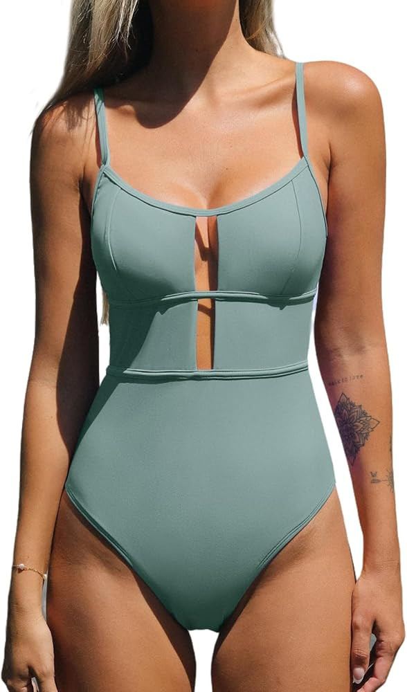 CUPSHE Women's One Piece Swimsuit Scoop Neck Adjustable Straps Cutout Back Self Tie Bathing Suit | Amazon (US)