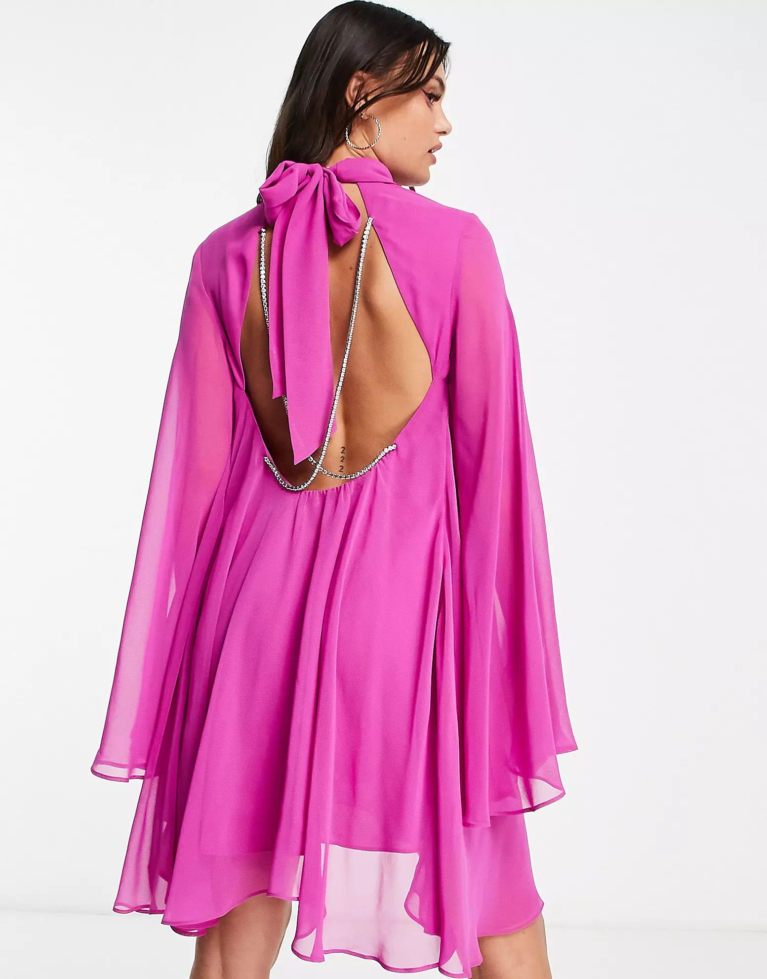 Ever New high neck pleated mini dress with diamante open back in pink | ASOS (Global)