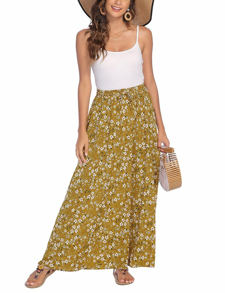 Bluetime Women Flowy Long Skirts Summer Beach Pleated Elastic High Waisted Casual Maxi Skirts | Amazon (US)