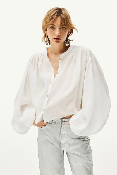 Balloon-sleeved Ramie Blouse - White - Ladies | H&M US | H&M (US + CA)