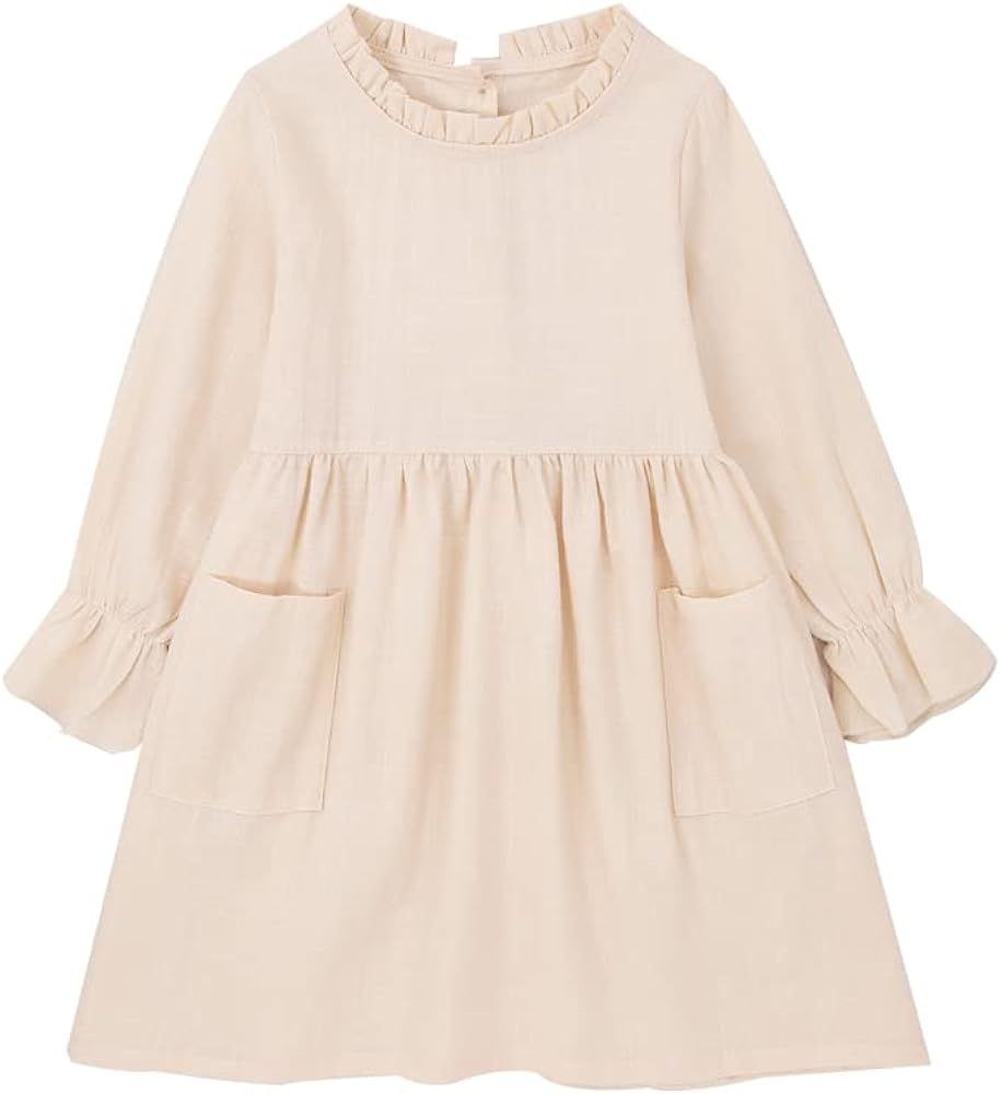 Amazon.com: IZYJOY Toddler Baby Girl Cotton Linen Fall Dress Outfit Long Sleeve Stand Crew Collar... | Amazon (US)