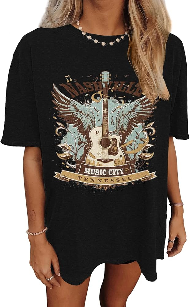 Women's Nashville Country Music City Oversized Graphic T-Shirts Casual Band Tees Short Sleeve Roc... | Amazon (US)