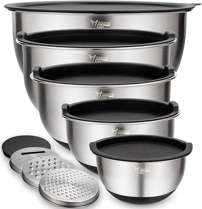 Mixing Bowls Set of 5, Wildone Stainless Steel Nesting Bowls with Airtight Lids, 3 Grater Attachm... | Amazon (US)