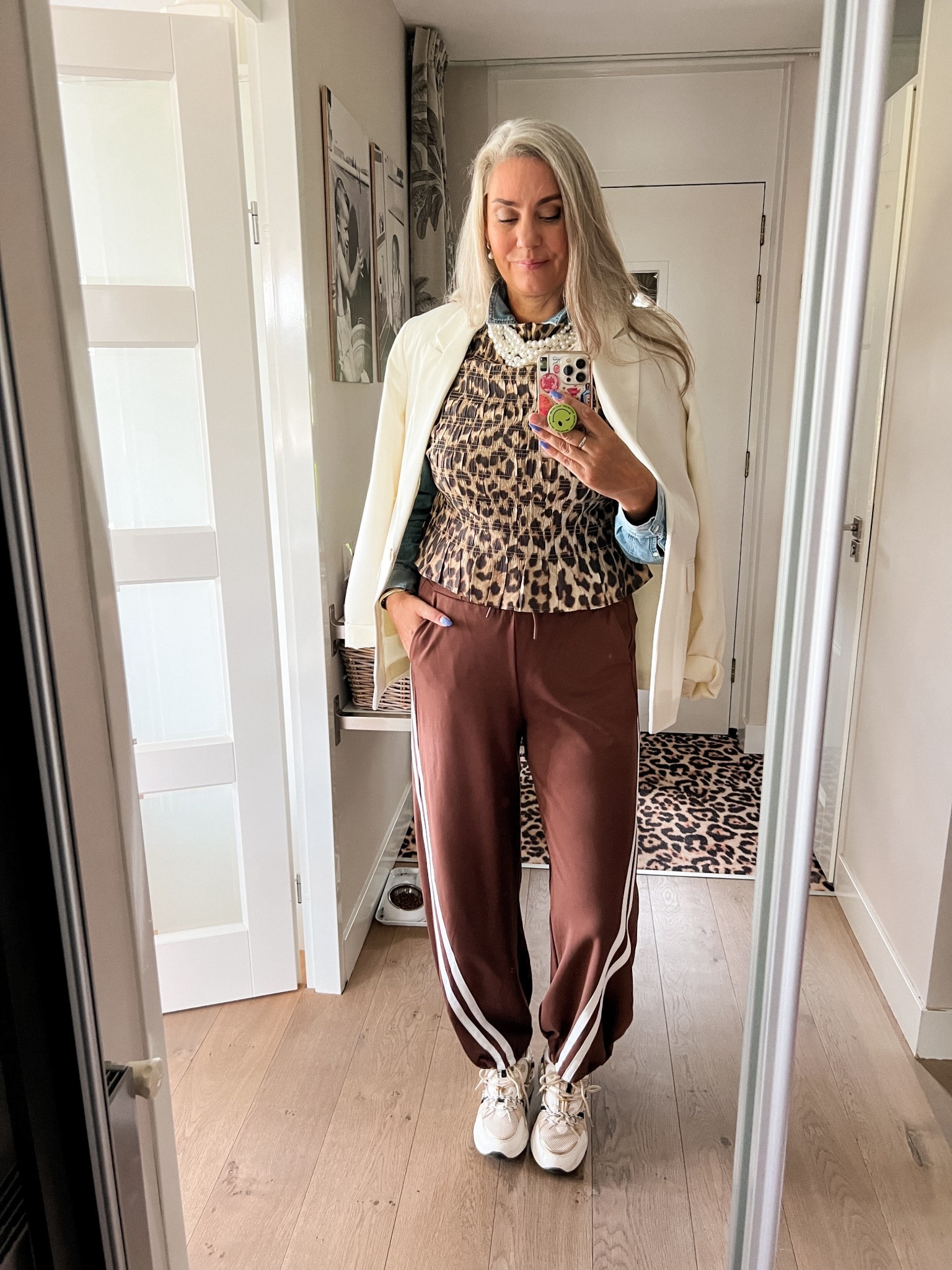 OOTD - Saturday. Tall cream blazer (LTS, 42), leopard print top (M), denim shirt (men’s M), brown track stripe trousers (Shoeby, M), stacked pearl necklaces and neutral dad sneakers (old)

#LTKstyletip #LTKnederlands #LTKeurope