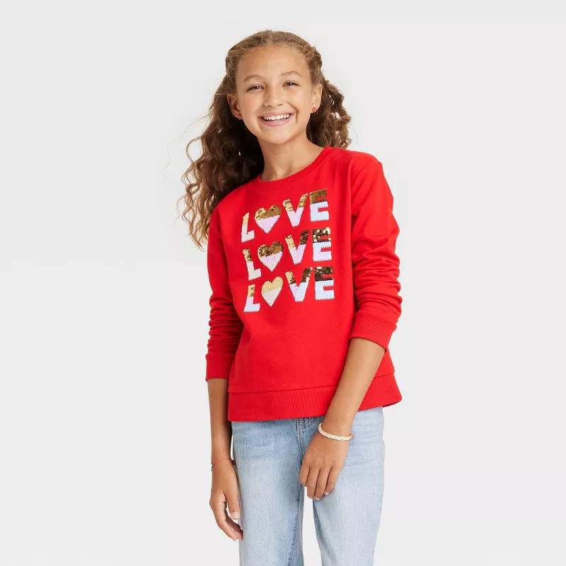 Girls' Valentine's Day 'Love, Love, Love' Pullover Sweatshirt - Cat & Jack™ Red | Target