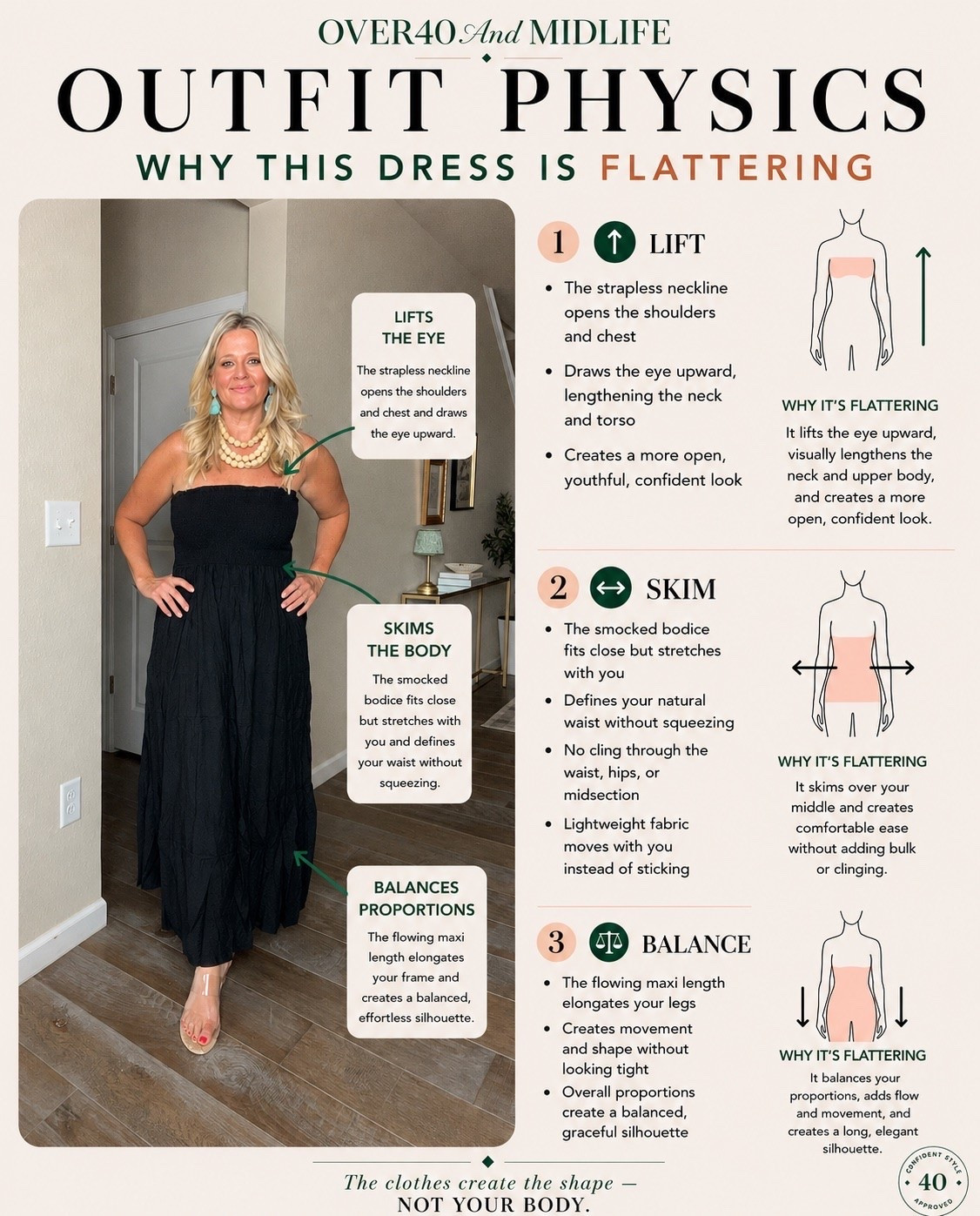 ✨Tap the bell, save and ❤️ for over 40 fashion, midlife style, midsize fashion and luxury looks for less. 

As I was creating these dress breakdowns, I noticed something.

None of these dresses are flattering because the women wearing them are perfect.

They’re flattering because the dresses do the work.

They lift the eye.
They skim instead of cling.
They create balance and shape.

Somewhere along the way, many of us were taught that if an outfit doesn’t look right, our body is the problem.

I don’t believe that.

Bodies change.
Life changes.
Hormones change.

That doesn’t mean we stop deserving to feel beautiful.

The goal isn’t to spend every summer trying to shrink ourselves.

The goal is to find pieces that make getting dressed feel easy again.

Pieces that let us move, breathe, show up, and enjoy our lives without thinking about our belly every five minutes.

You deserve clothes that work for you.

You deserve to feel confident in the body you have today.

You deserve to stop waiting.

Not when you lose weight.
Not when your body changes.

Today. 🤍

👑 Helping you look good, feel good.
— Lindsey Denver

✨ Lift
✨ Skim
✨ Balance

That’s where I’d start.

👑 Helping you look good, feel good.-Lindsey Denver   

Check back daily for belly-friendly style, confidence, and Outfit Physics™.

#LTKOver40 #LTKMidsize #LTKPlusSize

Comment SHOP below to receive a DM with the link to this post on my LTK ⬇ https://liketk.it/6gpkZ