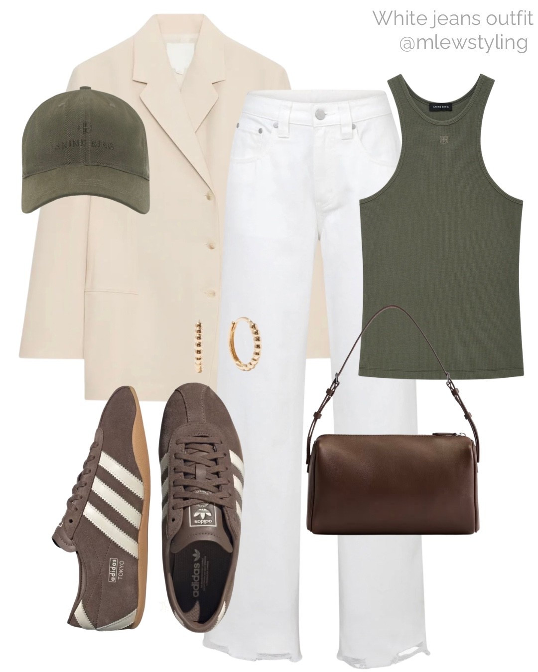 Neutral spring outfit for the weekend 🫒

Tags: white denim jeans, cream blazer, olive green tank top, anine bing baseball cap, quince leather shoulder bag, adidas Tokyo sneakers, capsule wardrobee

#LTKgrwm #LTKootd #LTKSeasonal