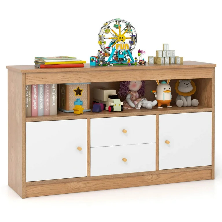 Costway Kids Toy Storage Organizer Wooden Children Bookshelf Storage Chest with Open Shelf Brown | Walmart (US)