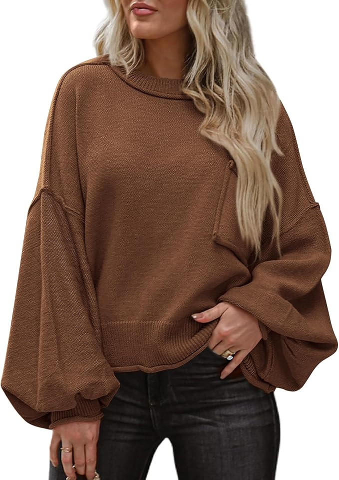 BTFBM Women's Oversized Lantern Long Sleeve Sweaters Casual Crewneck 2024 Fall Winter Outfits Rib... | Amazon (US)