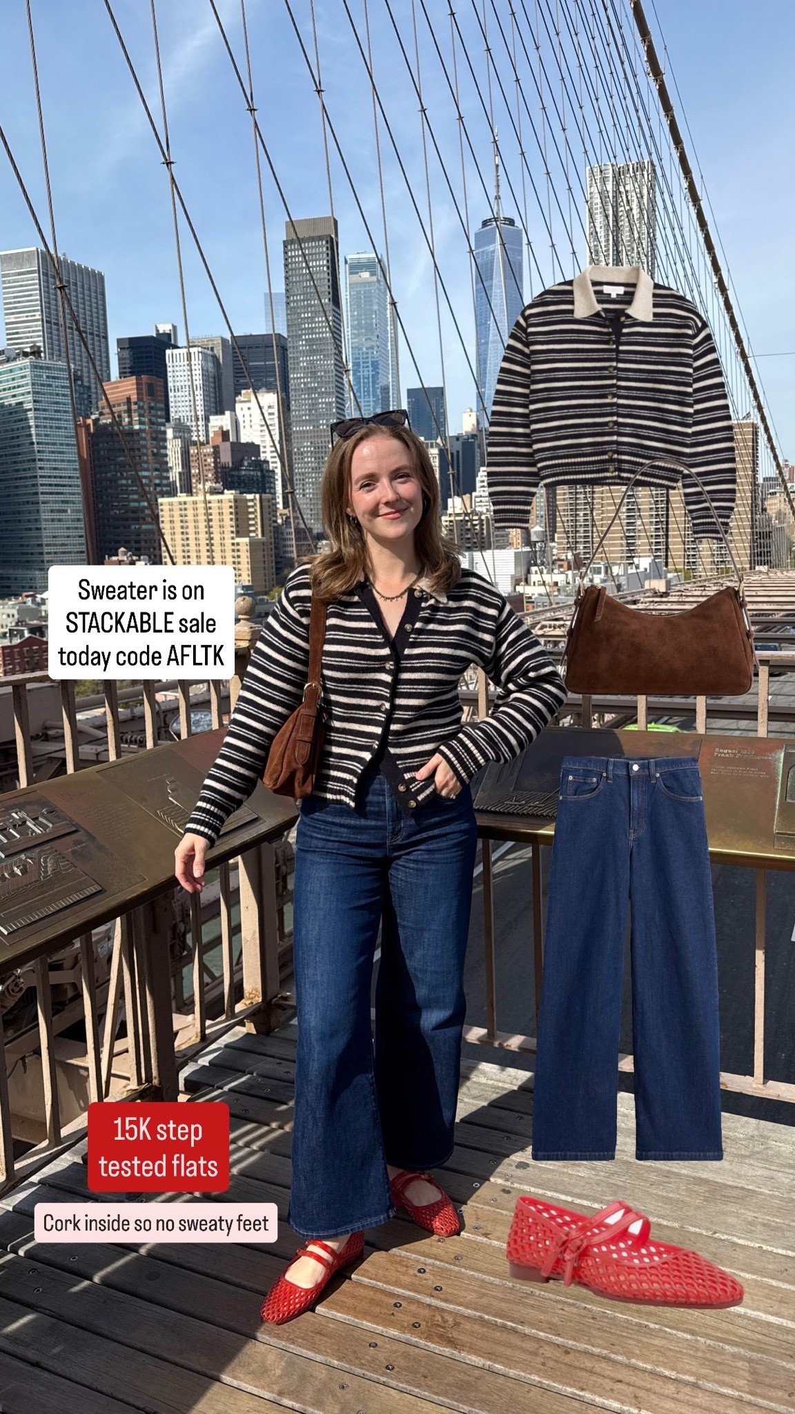 Comfy fall ootd in NYC. Merino blend sweater on sale + extra 20% off code AFLTK. Weering xs. Jeans are 25 short (28 inch inseam) I’m 5ft 2 usually 0-2 in pants. Super comfy budget shoes! Cork footbed so no sweaty feet. Size up 1/2 if between