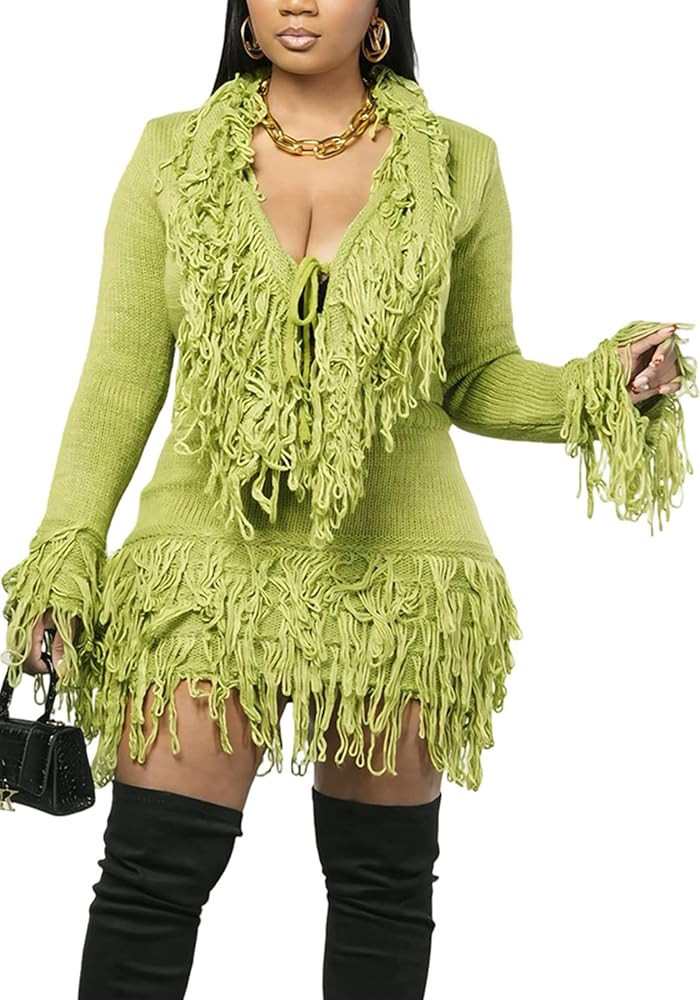 NRTHYE Women 2 Piece Sweater Skirt Set Casual Tassel Long Sleeve Sweaters Fringe Mini Skirt Match... | Amazon (US)