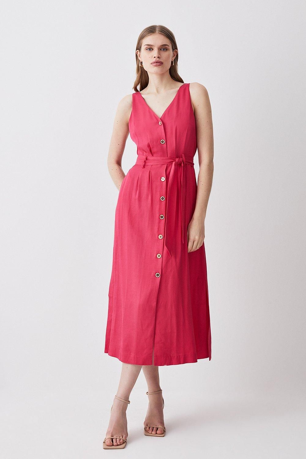 Belted Premium Linen Woven Midi Dress | Karen Millen UK + IE + DE + NL
