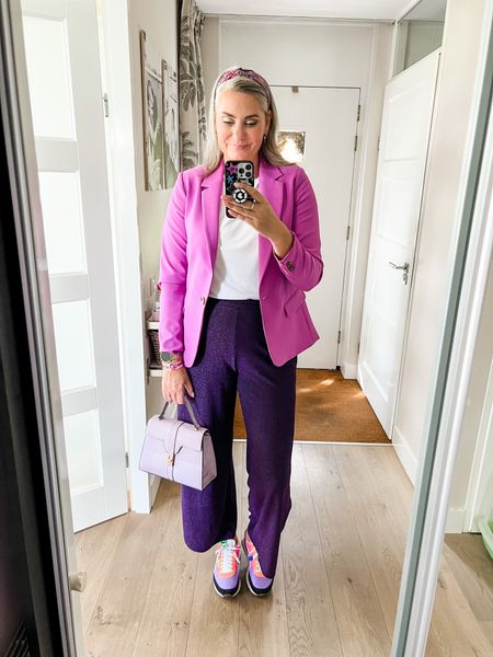 Outfits of the week. Uniqlo boat neck t-shirt paired with purple glitter pants (Lolaliza) a cerise blazer (M&S), Puma future ride sneakers and a lilac handbag (Bulaggi)

#LTKcurves #LTKstyletip #LTKeurope