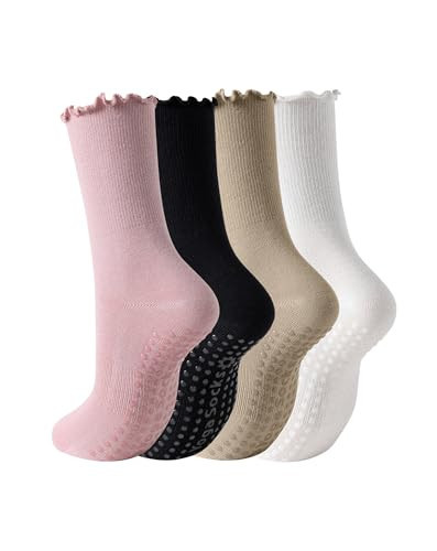 4 Pairs Pilates Grip Socks for Women, Cute Ruffle Frilly Yoga Socks Non Slip, Cotton Crew Sports for Barre, Hospital (US, Alpha, One Size, Regular, Regular, Mixed Color) | Amazon (US)