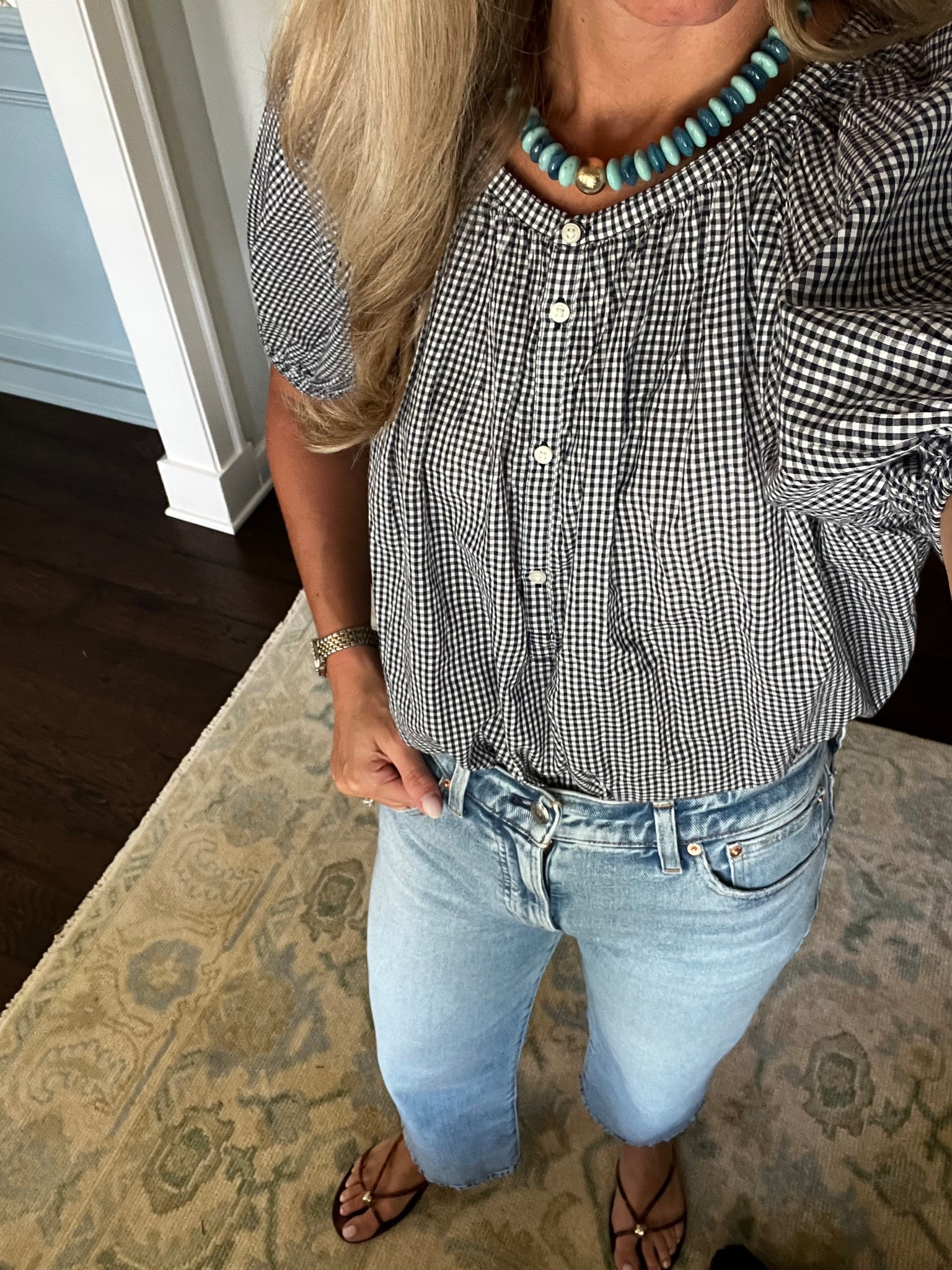 Blue and white blue and white blouse crop wide leg jeans light wash jean mom style outfit style 

#LTKmomlife #LTKSaleAlert #LTKootd
