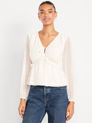 Waist-Defined Ruffle-Trim Clip-Dot Top | Old Navy (US)
