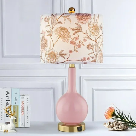 Cinkeda Pink Ceramic Table Lamp with USB Ports Floral Shade 3 Way Dimmable Touch Control Single Nightstand Lamp 24" Modern Gold Bedside Lamps for Living Room Bedroom | Walmart (US)