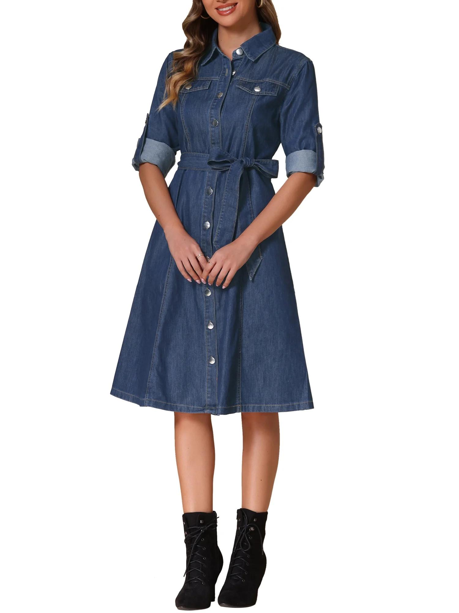 INSPIRE CHIC Denim Dress for Women's Long Sleeve Button Down A-Line Belted Classic Jean Dresses S... | Walmart (US)