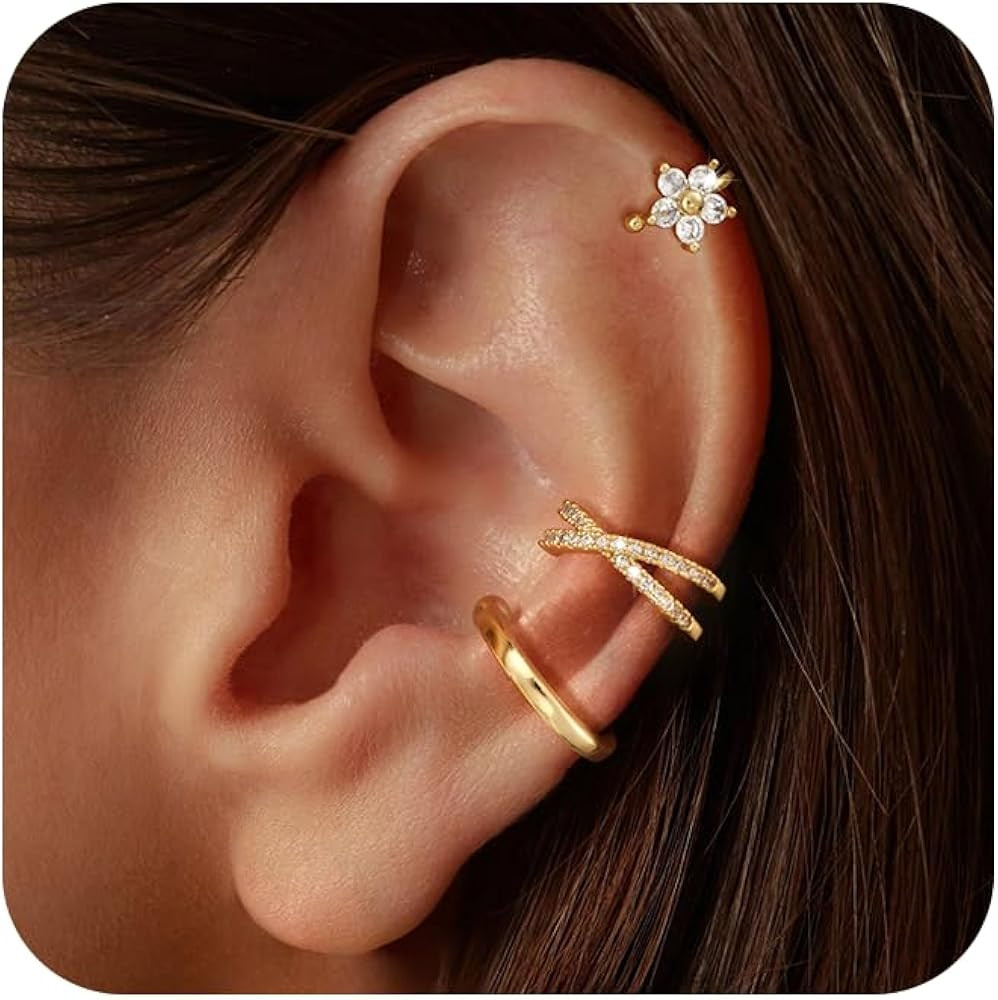 Carffordo 3Pcs Ear Cuffs Non Piercing for Women - Trendy 14K Gold Plated Cuffs Earrings with Cubi... | Amazon (US)