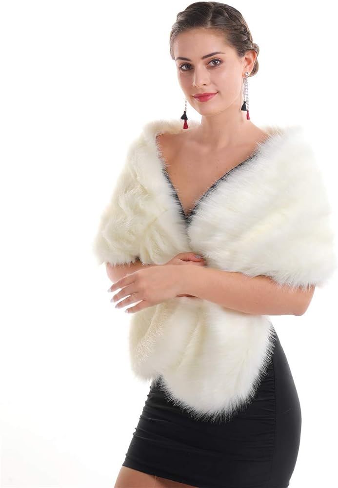Women Luxurious Large Winter Faux Fur Scarf Wrap Collar Shrug for Lady Poncho Wedding Dinner Part... | Amazon (US)