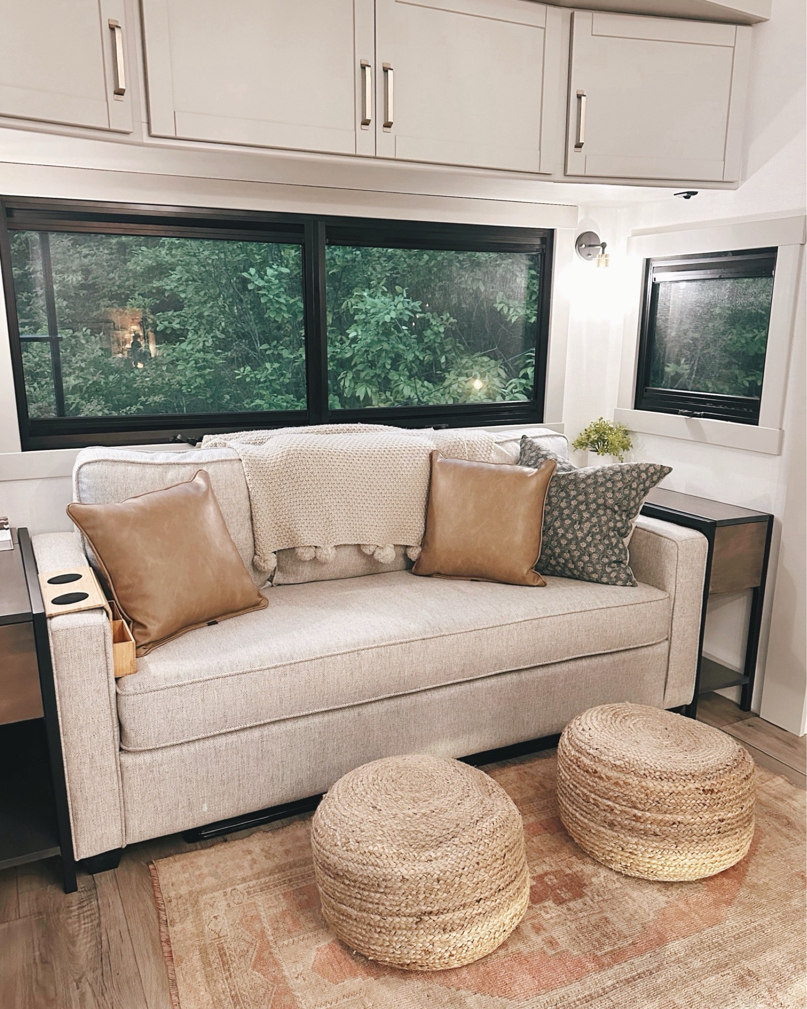 Round ottomans, round poufs, Rv decor, throw pillows 