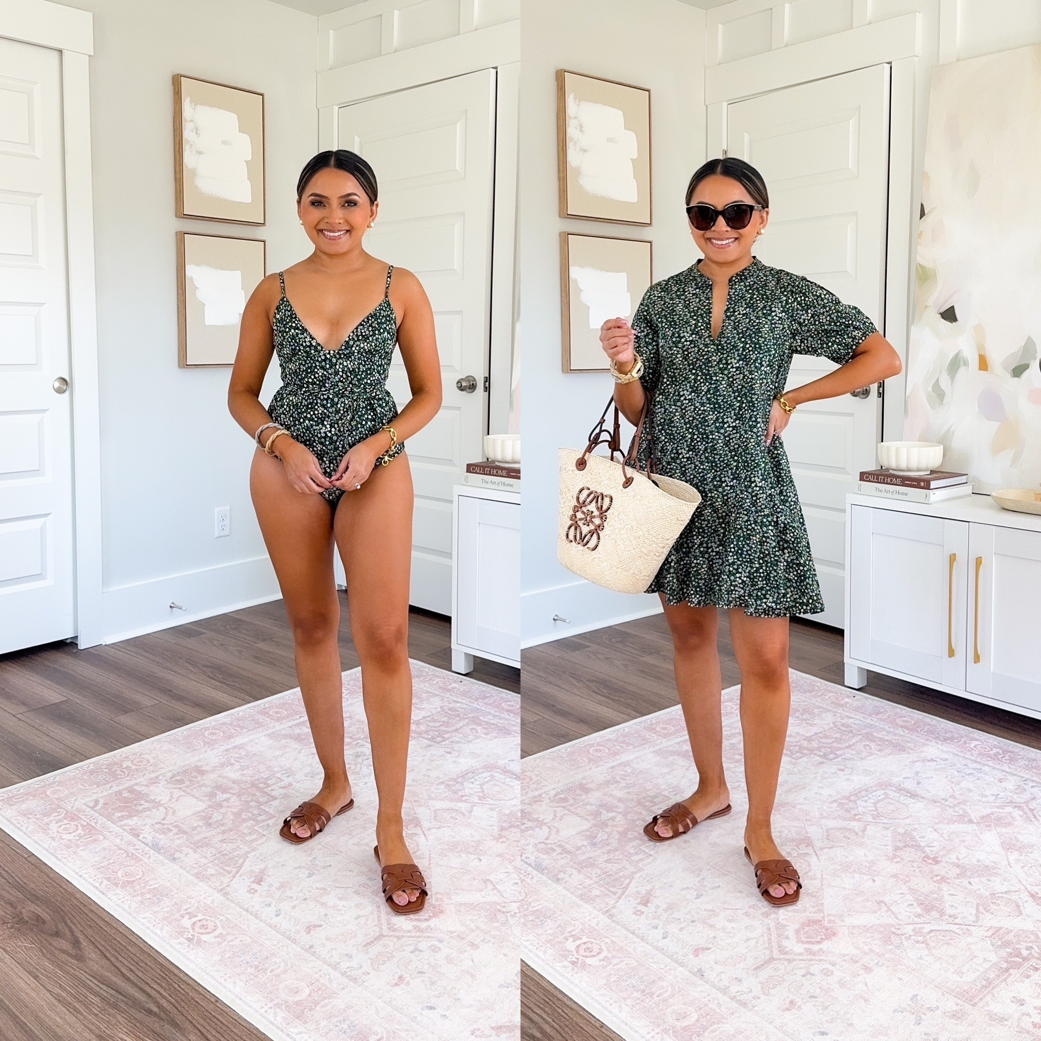 Black and green floral swimsuit size 0 TTS
Black and green floral swimsuit coverup size xs petite - lined underneath, can alslo be worn as a dress
Brown sandals - old, similar linked 


#LTKSwim #LTKTravel #LTKPetite