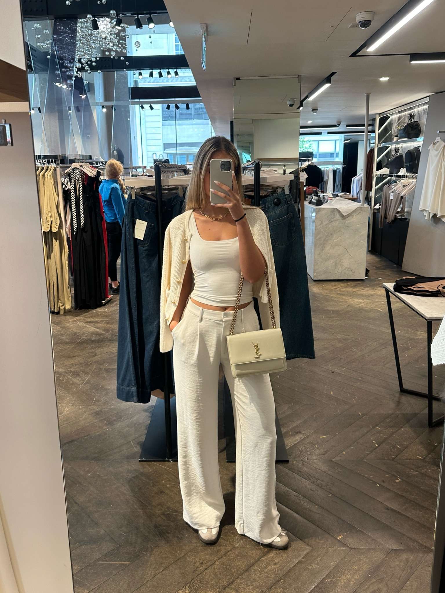 Neutral outfit, white fitted trousers, Saint Laurent bag, adidas samba og trainers, tala sculpting top, Abercrombie & fitch, smart outfit 

#LTKstyletip #LTKsummer #LTKuk