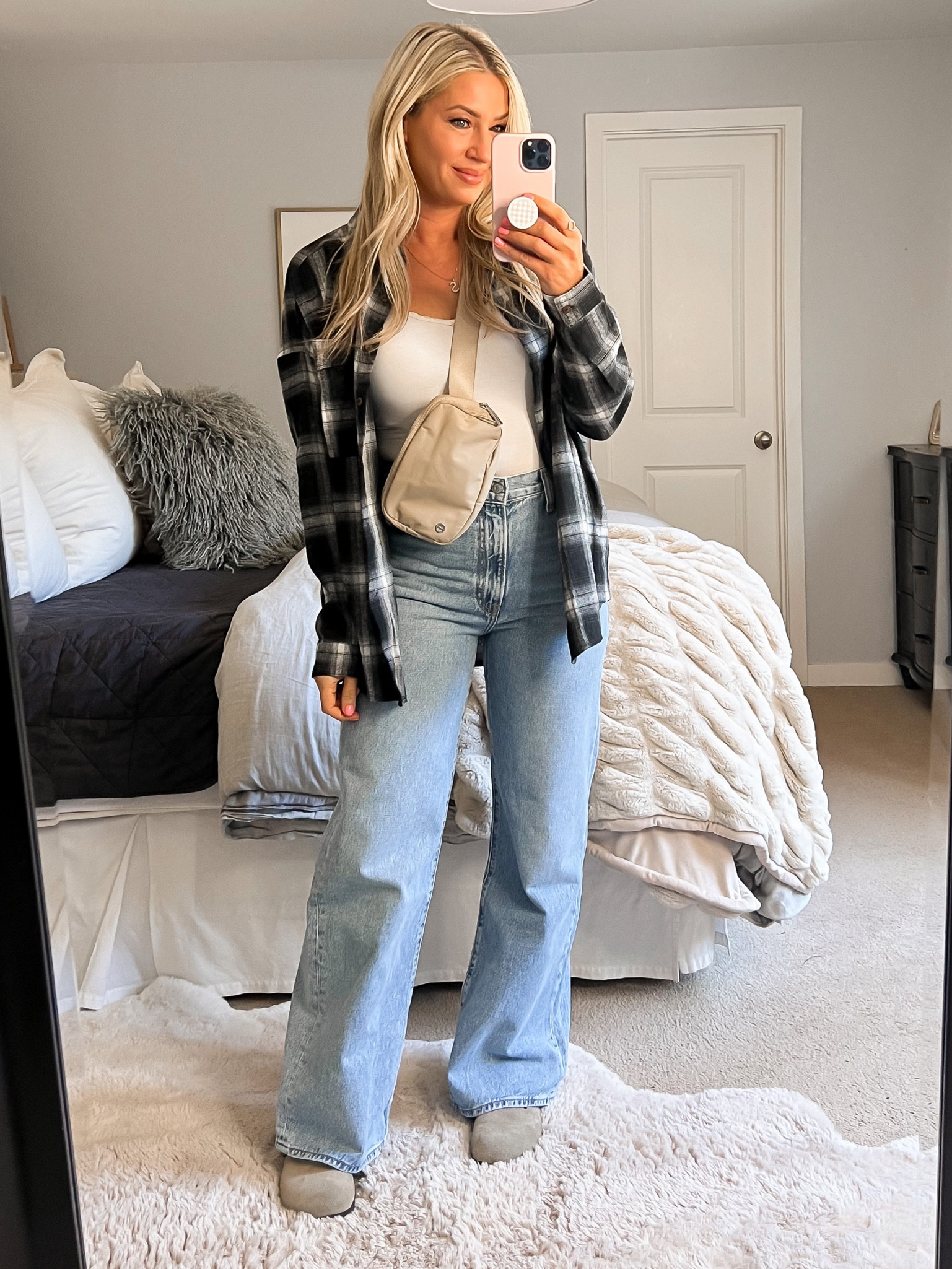 Wide leg jeans Levi’s 
Flannel Pink Lily sale 
Belt bag 
Boston Birkenstock clogs 
Fall outfit idea 

#LTKover40 #LTKfindsunder50 #LTKSale