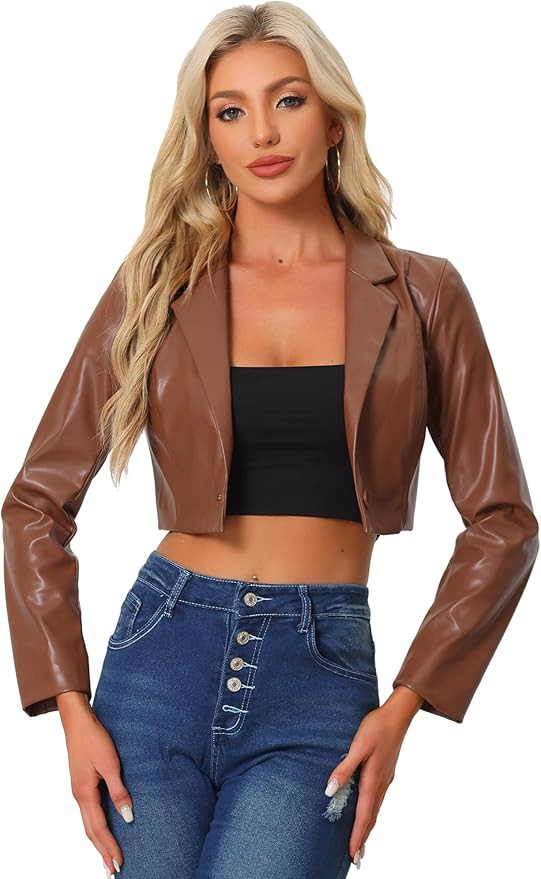 Allegra K Cropped Leather Jacket for Women's PU Casual Moto Jackets | Amazon (US)