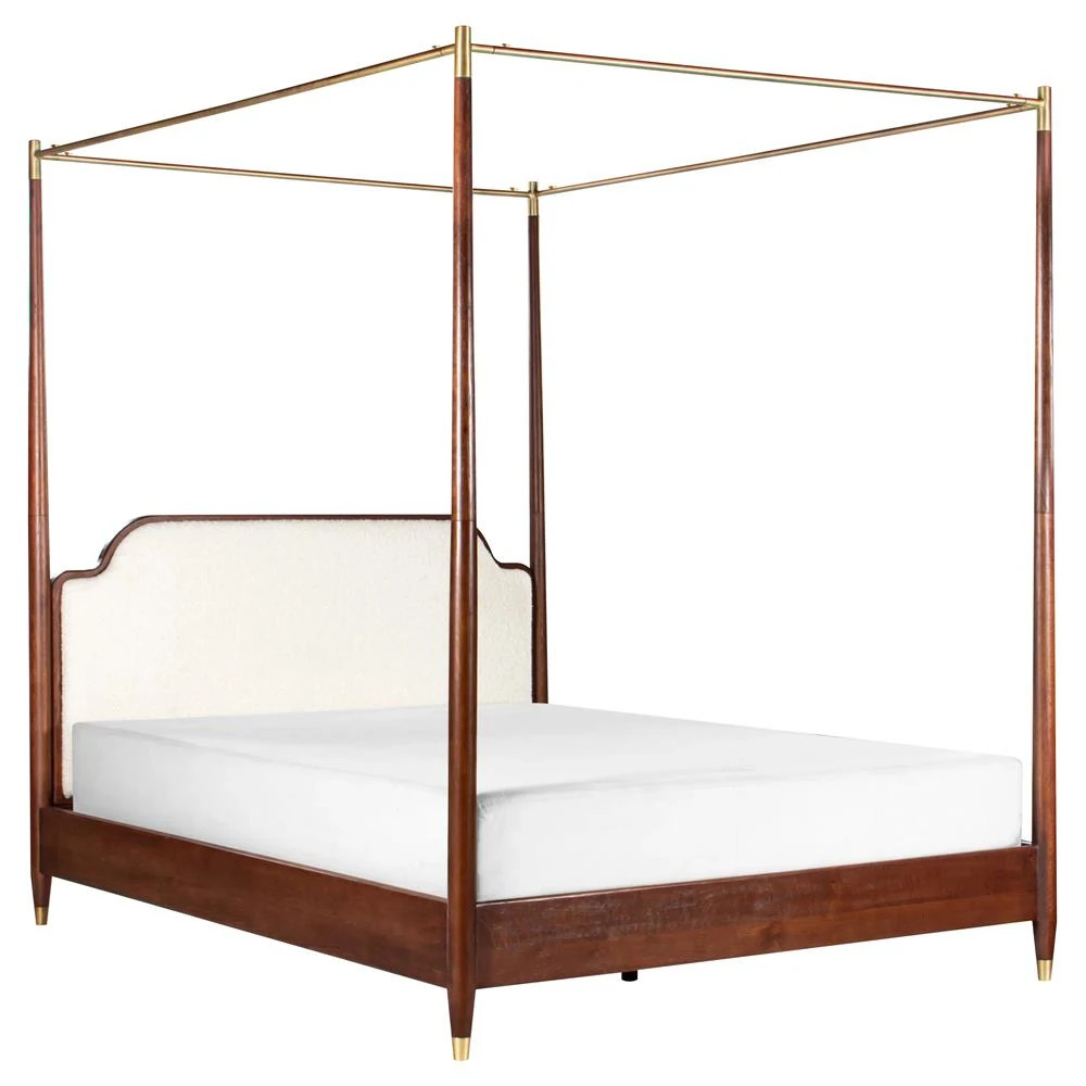 Selena Modern Classic Cream Boucle Brown Oak Canopy Bed - King | Kathy Kuo Home
