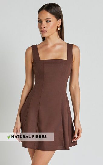 Adiana Mini Dress - Linen Look Square Neck Shirred Back A Line Dress in Chocolate | Showpo (US, UK & Europe)