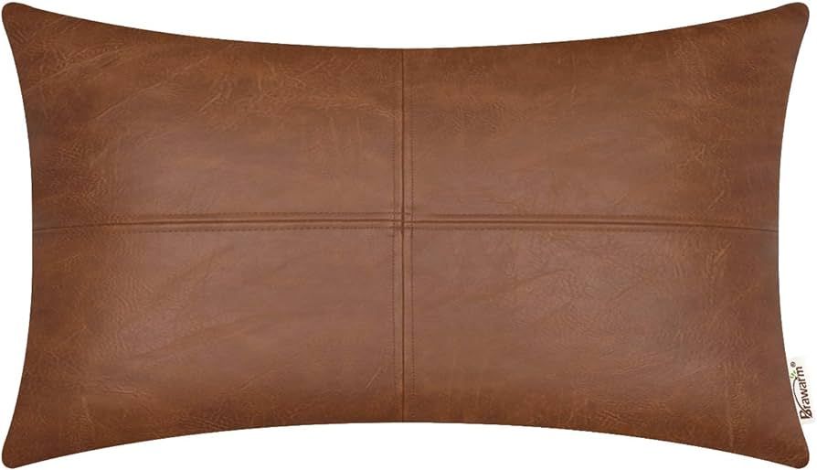 BRAWARM Faux Leather Throw Pillow Covers 12 X 20 Inches, Brown Leather Pillow Cover, Hand Stitche... | Amazon (US)