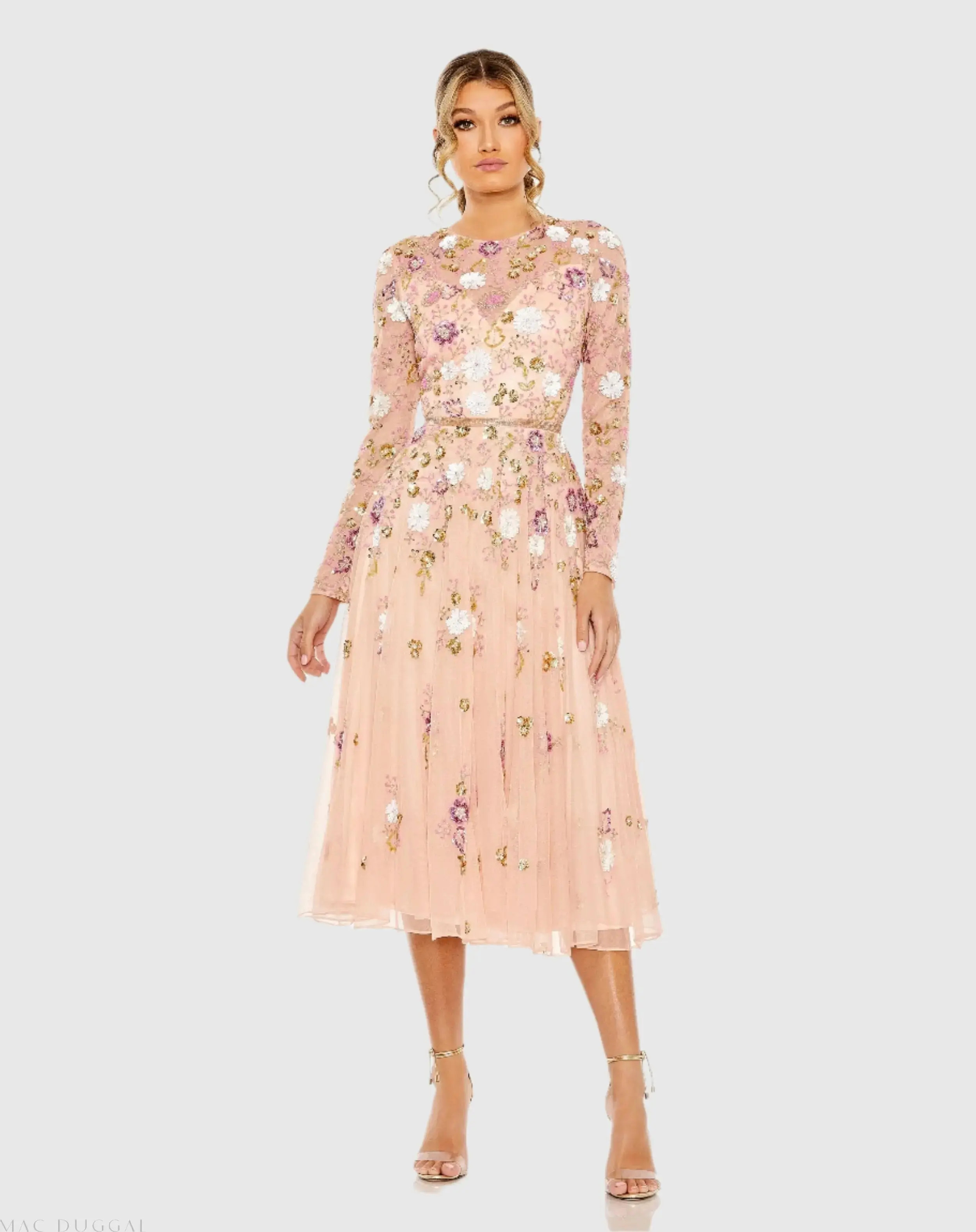 Pink Sequined Floral Long Sleeve High Neck Midi Dress - Mac Duggal | Mac Duggal